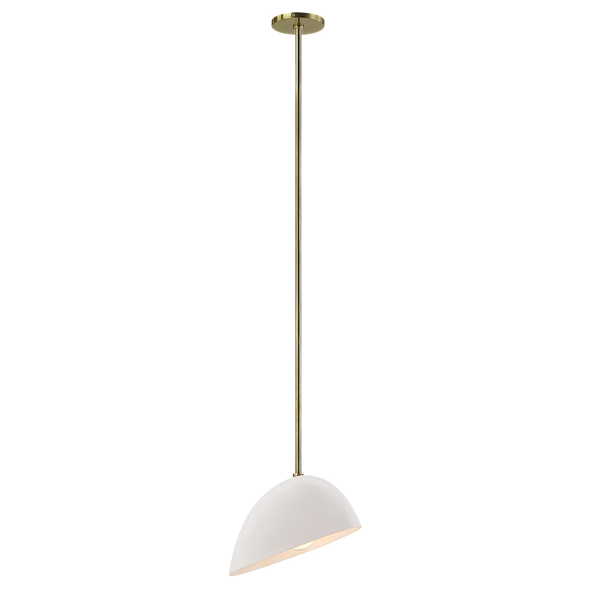 Corio Ceiling Fixture featuring a white dome shade and brass rod, illuminated from below.