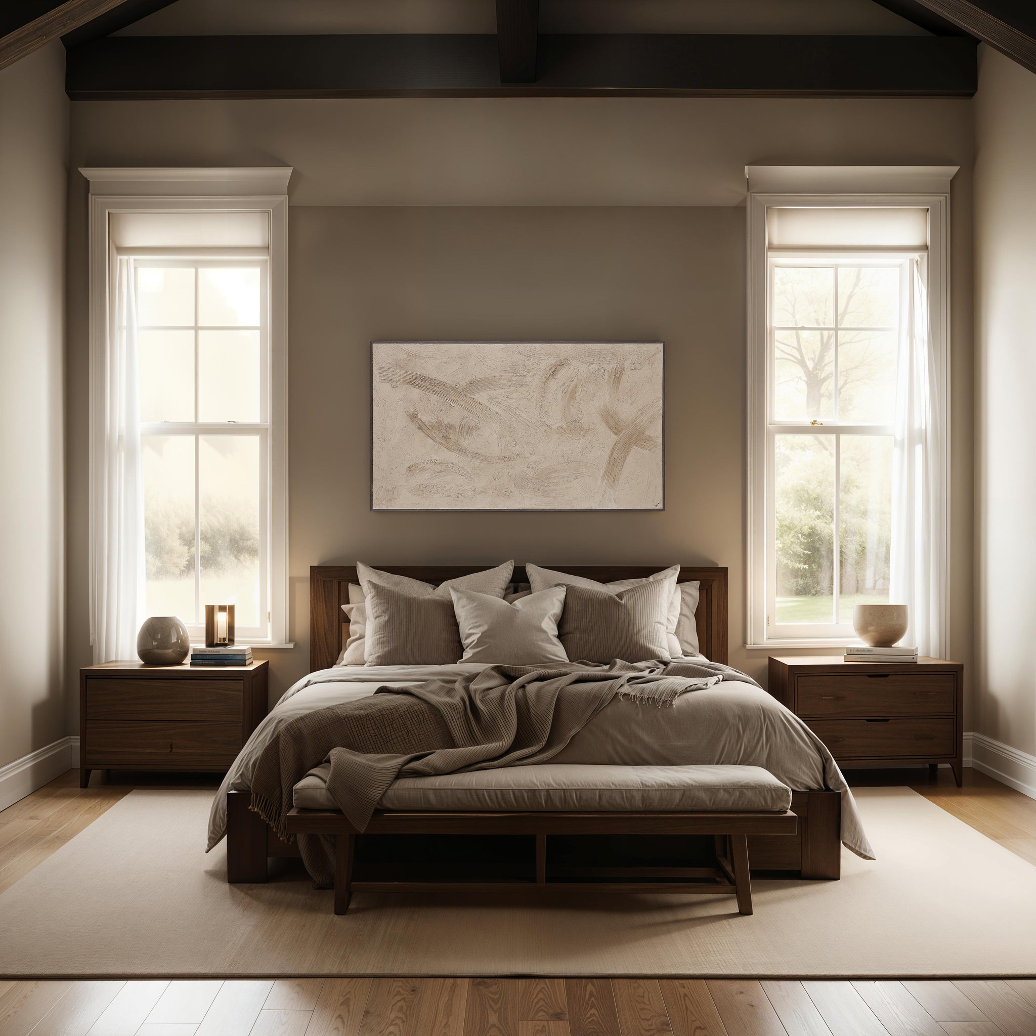 Trofa canvas art hung above a bed in a cozy bedroom, featuring neutral tones and natural light.