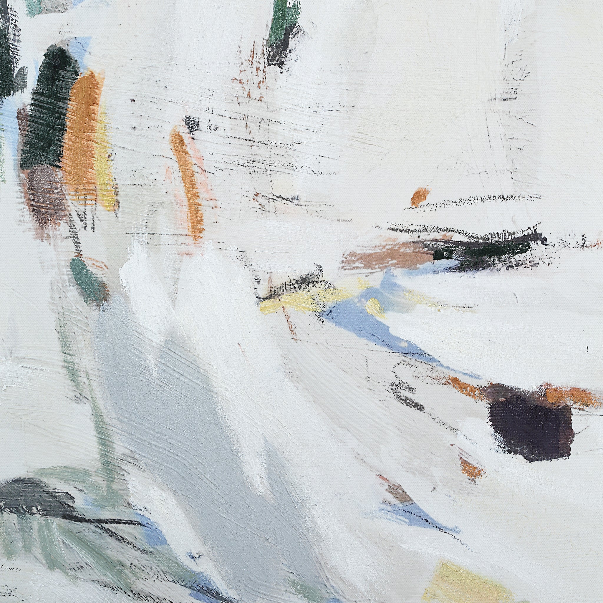 Detailed view of Cinta canvas art, focusing on abstract brush strokes in various colors.