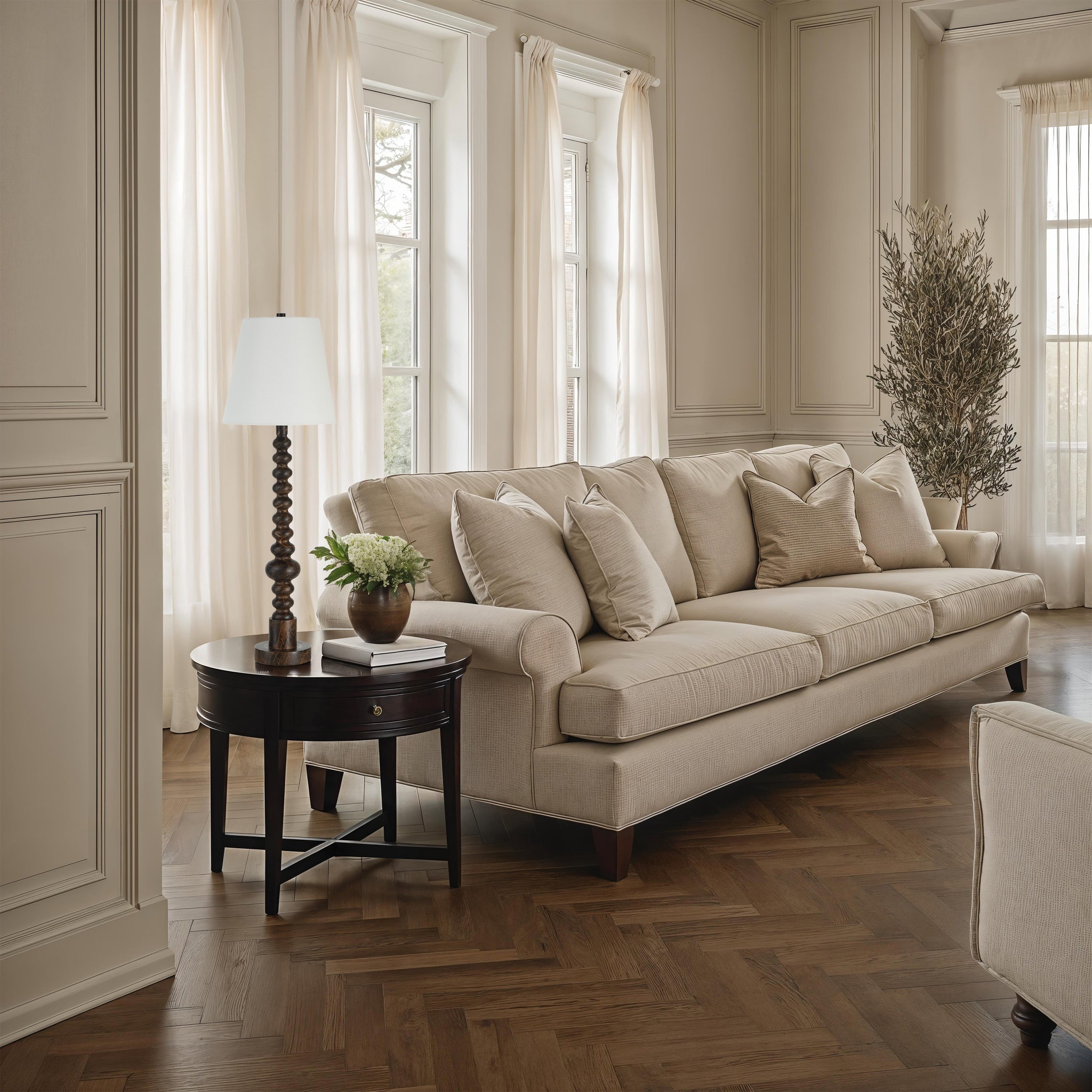 Famar Table Lamp on a side table next to a beige sofa in a well-lit living room