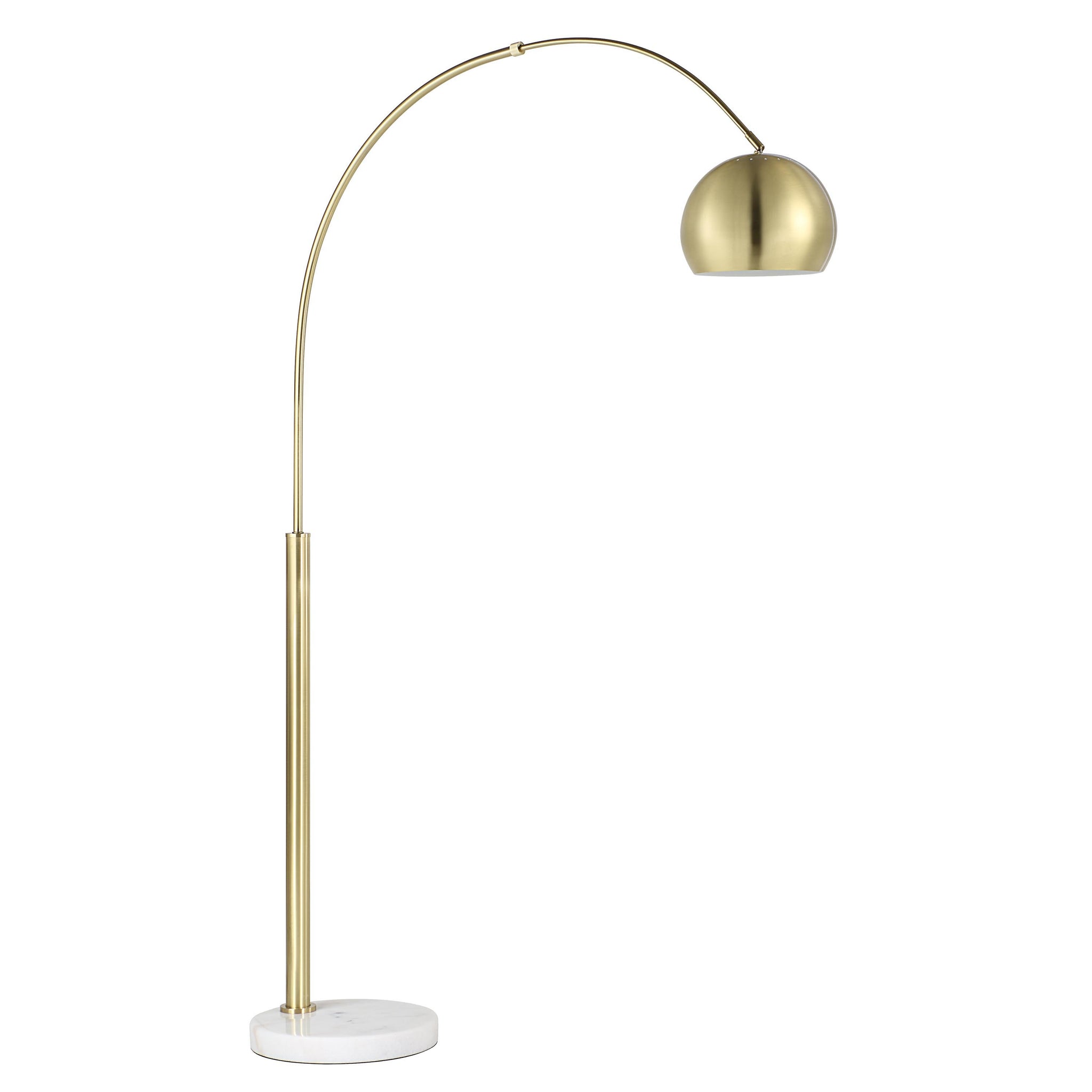 Daleela floor lamp with a gold finish and marble base, featuring an arched design.