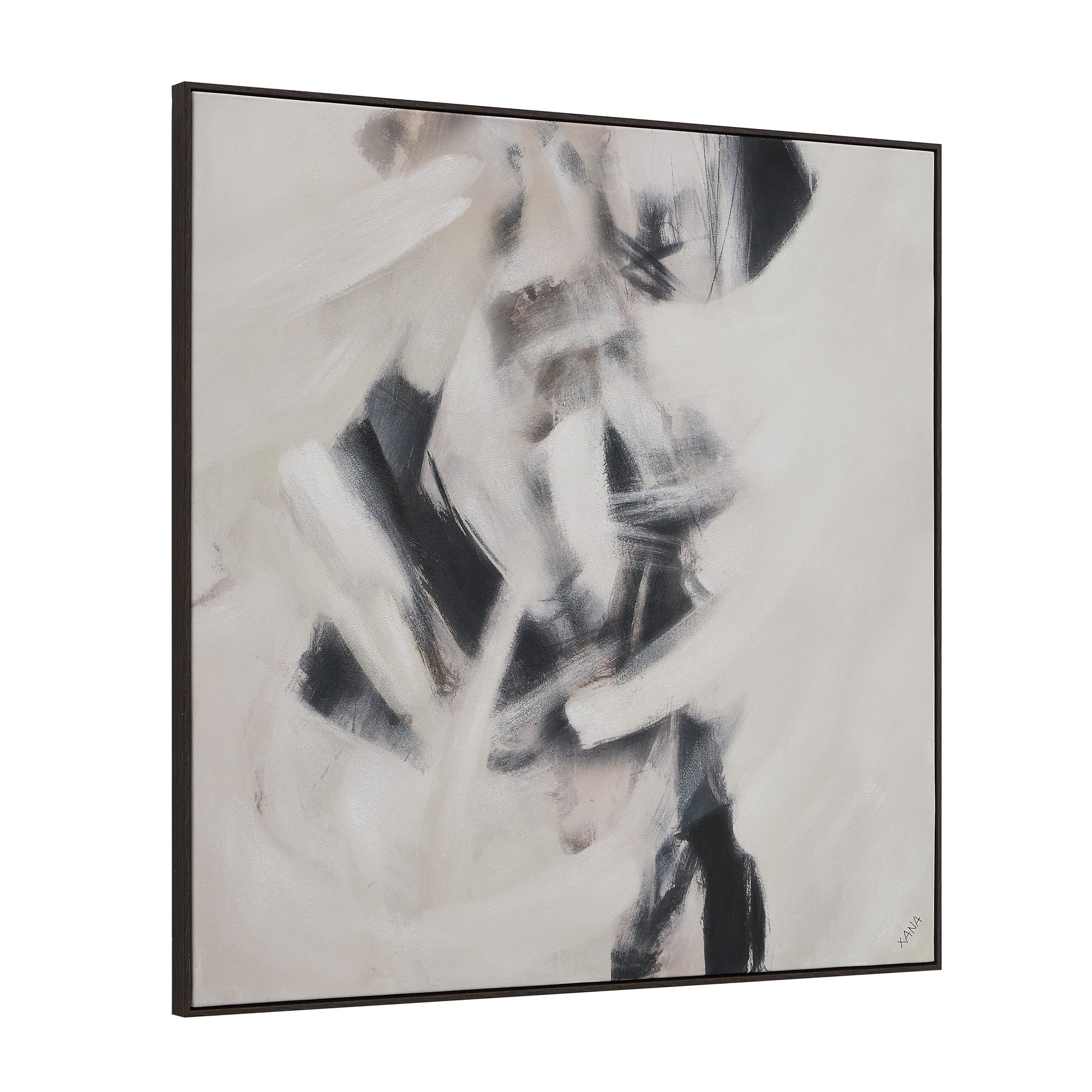 Clary canvas art viewed at an angle, showcasing abstract black and white design