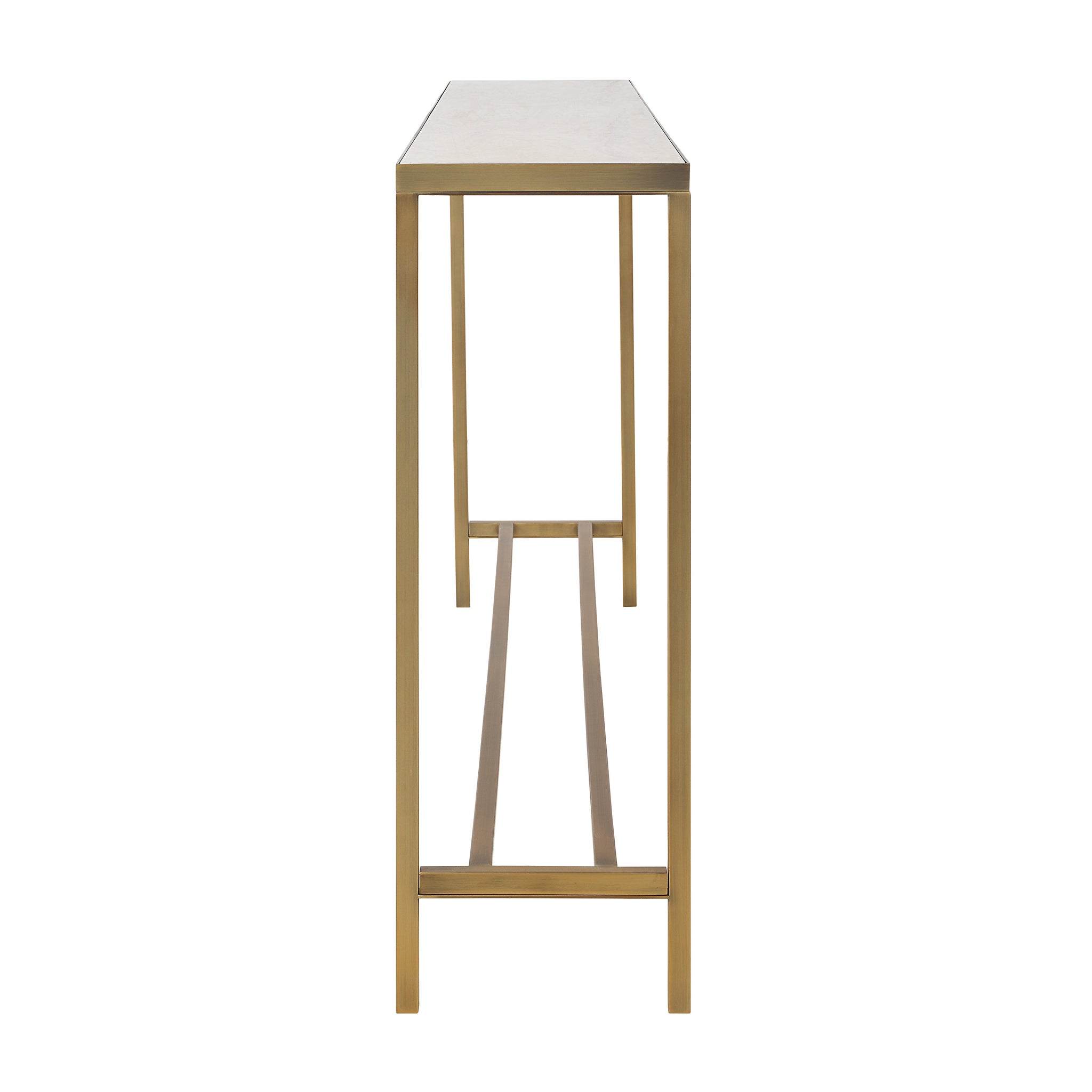 Bodin Console Table with gold metal frame, side view showcasing structure