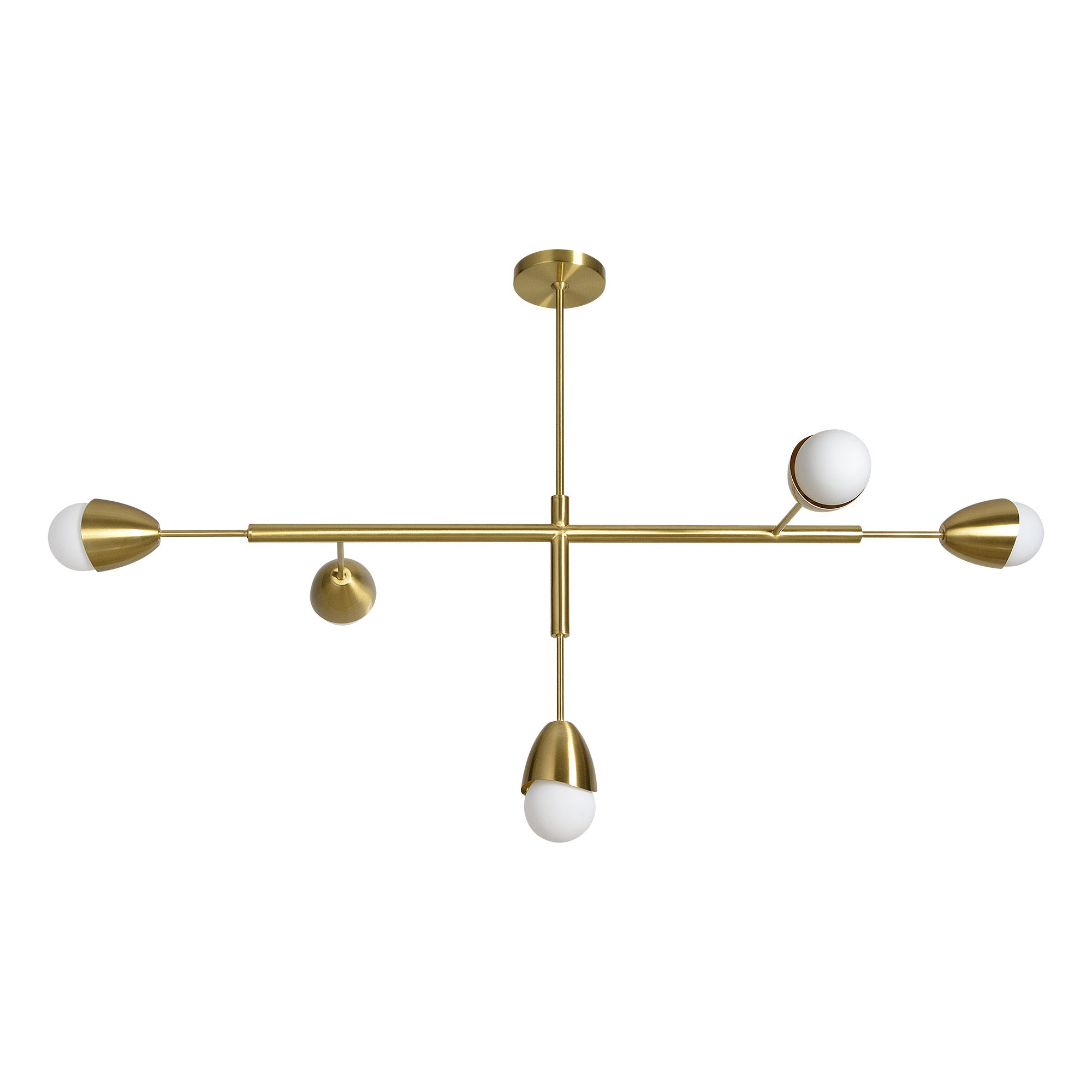 Naura Ceiling Fixture with five light bulbs, gold metal finish and white glass shades