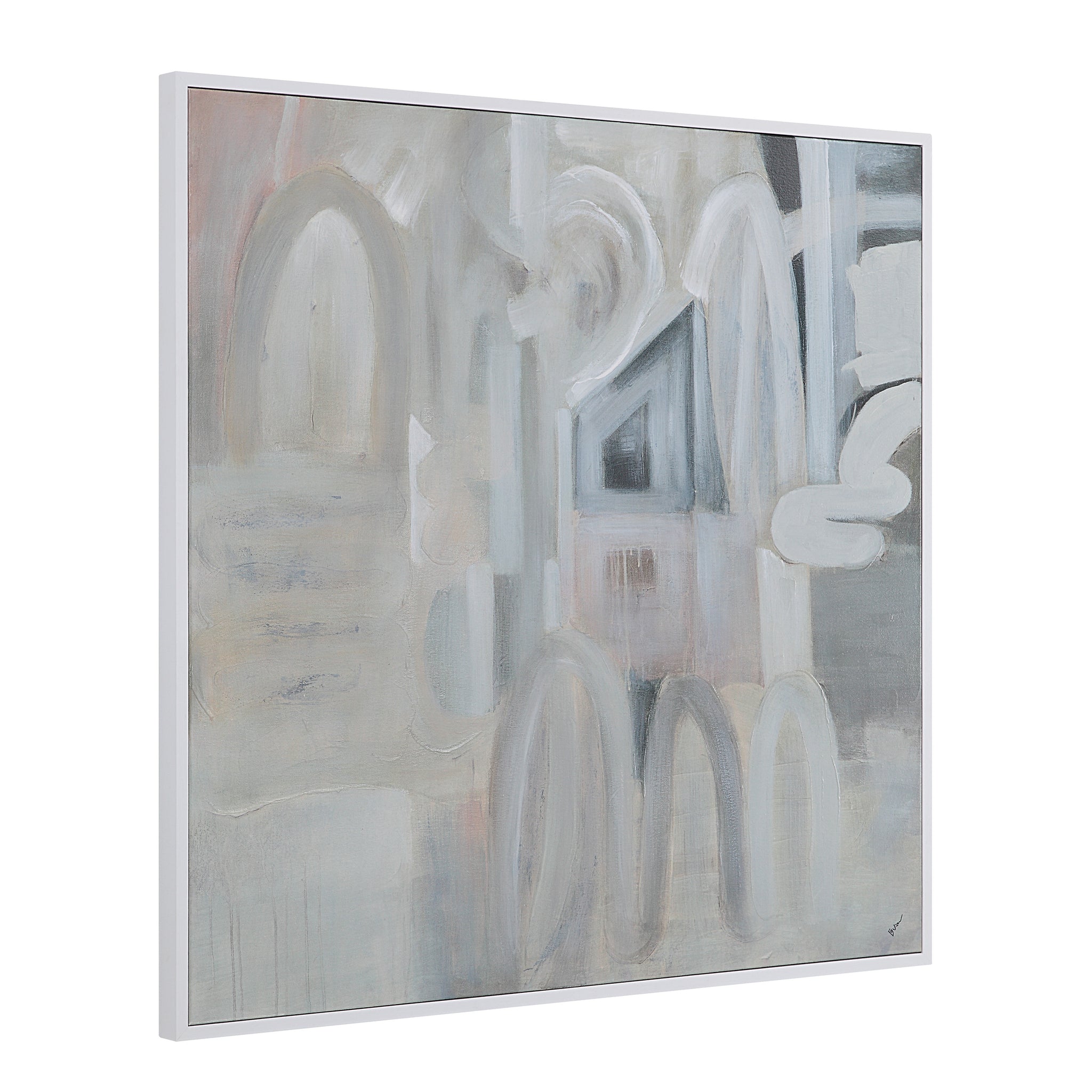 Palazzo canvas art displayed at an angle, showcasing abstract gray and beige patterns.