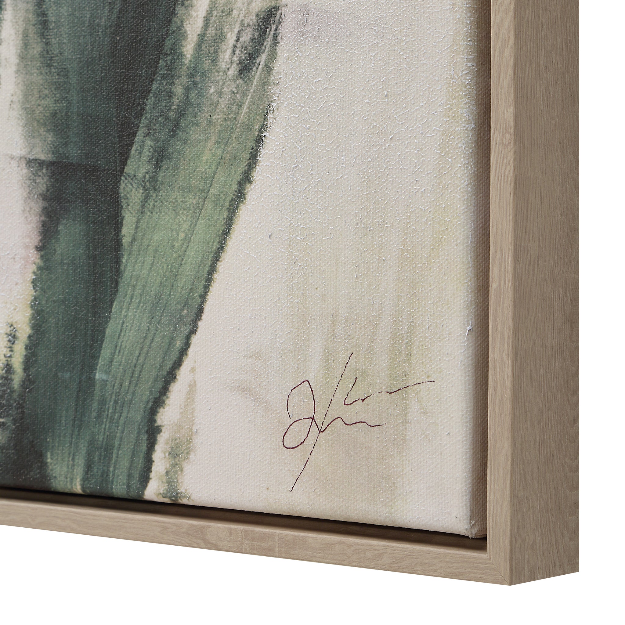 Close-up of Minthe canvas art showing textured brush strokes and an artist's signature on a wooden frame.