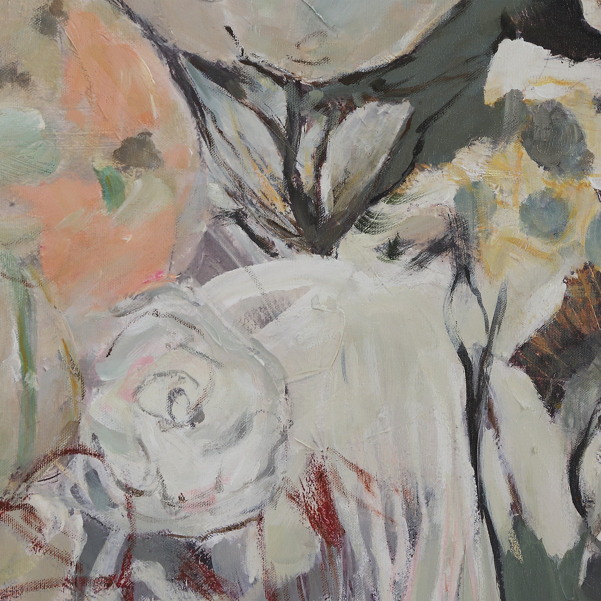 Close-up of Paine canvas art highlighting delicate flowers and soft brush strokes.