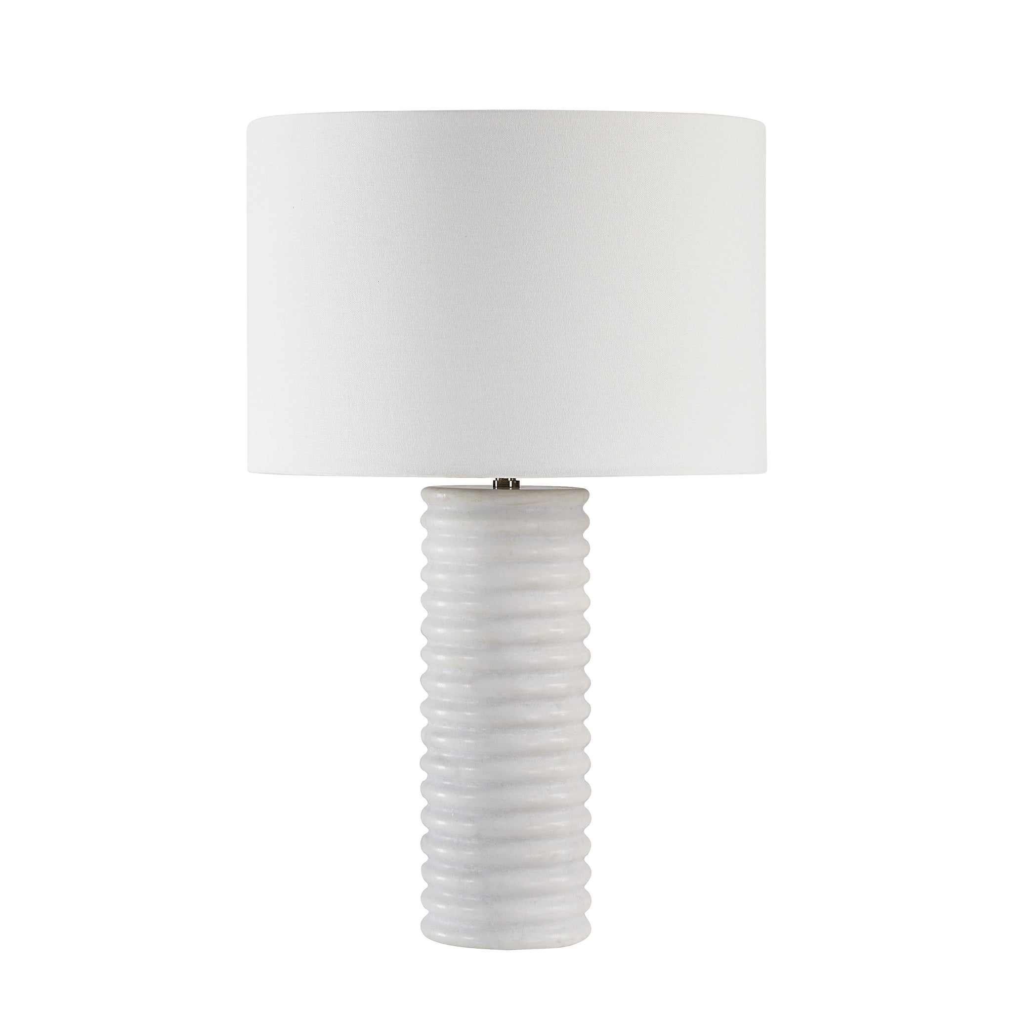 Alloro Table Lamp with a white cylindrical shade and a ribbed white ceramic base