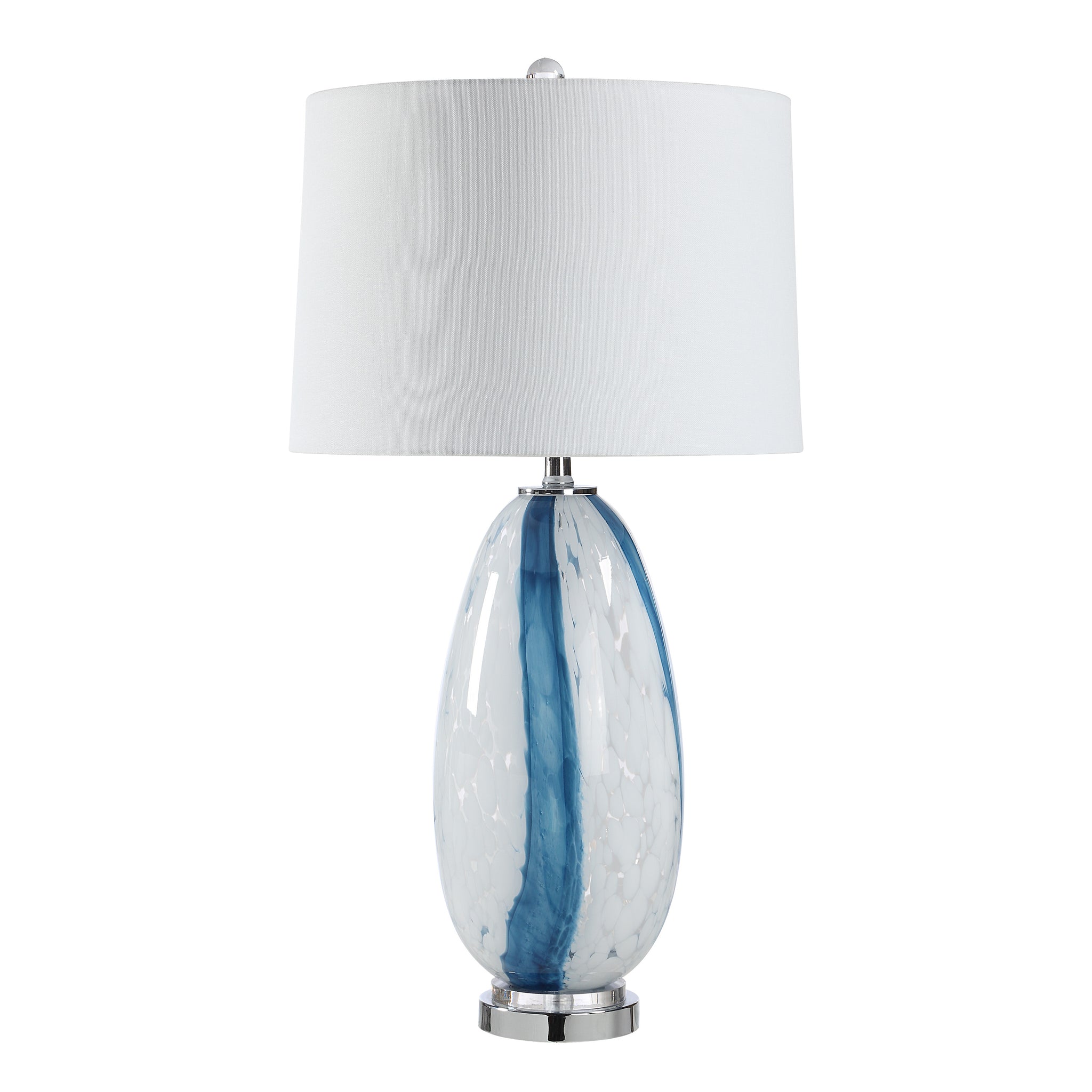 Solis Table Lamp with a white shade and blue glass base, featuring a chrome accent.