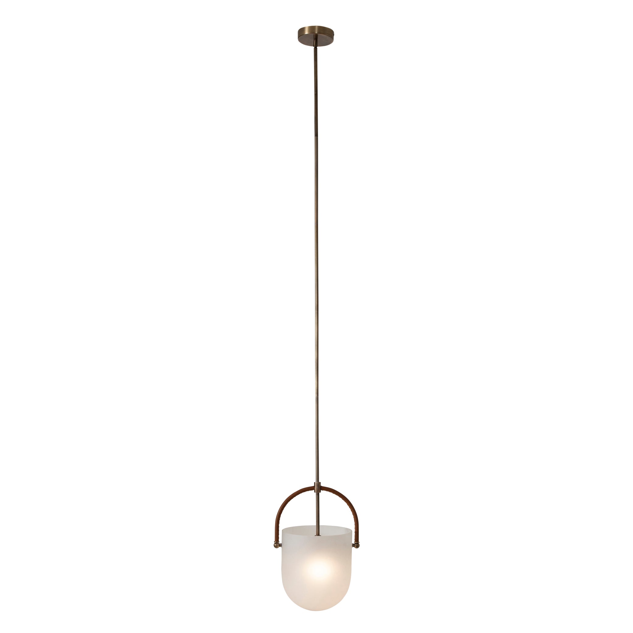 Brillio pendant light featuring a frosted glass shade and brown leather handle, illuminated.