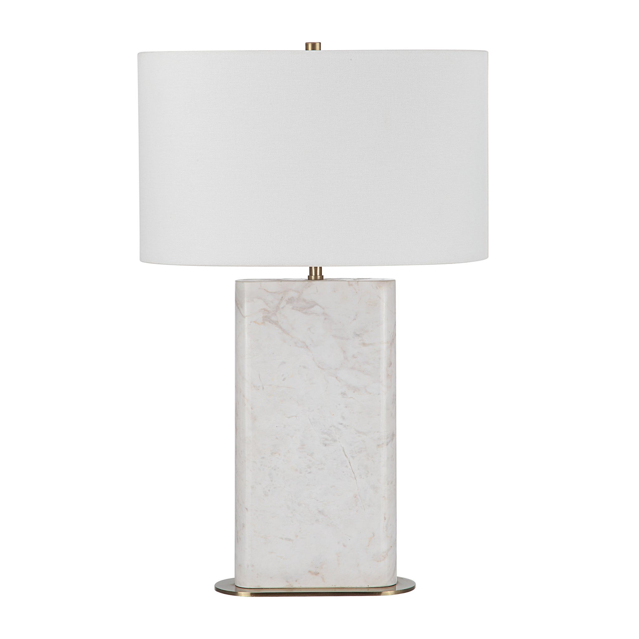 Irisa Table Lamp with a white fabric shade and a marble base in a rectangular shape.