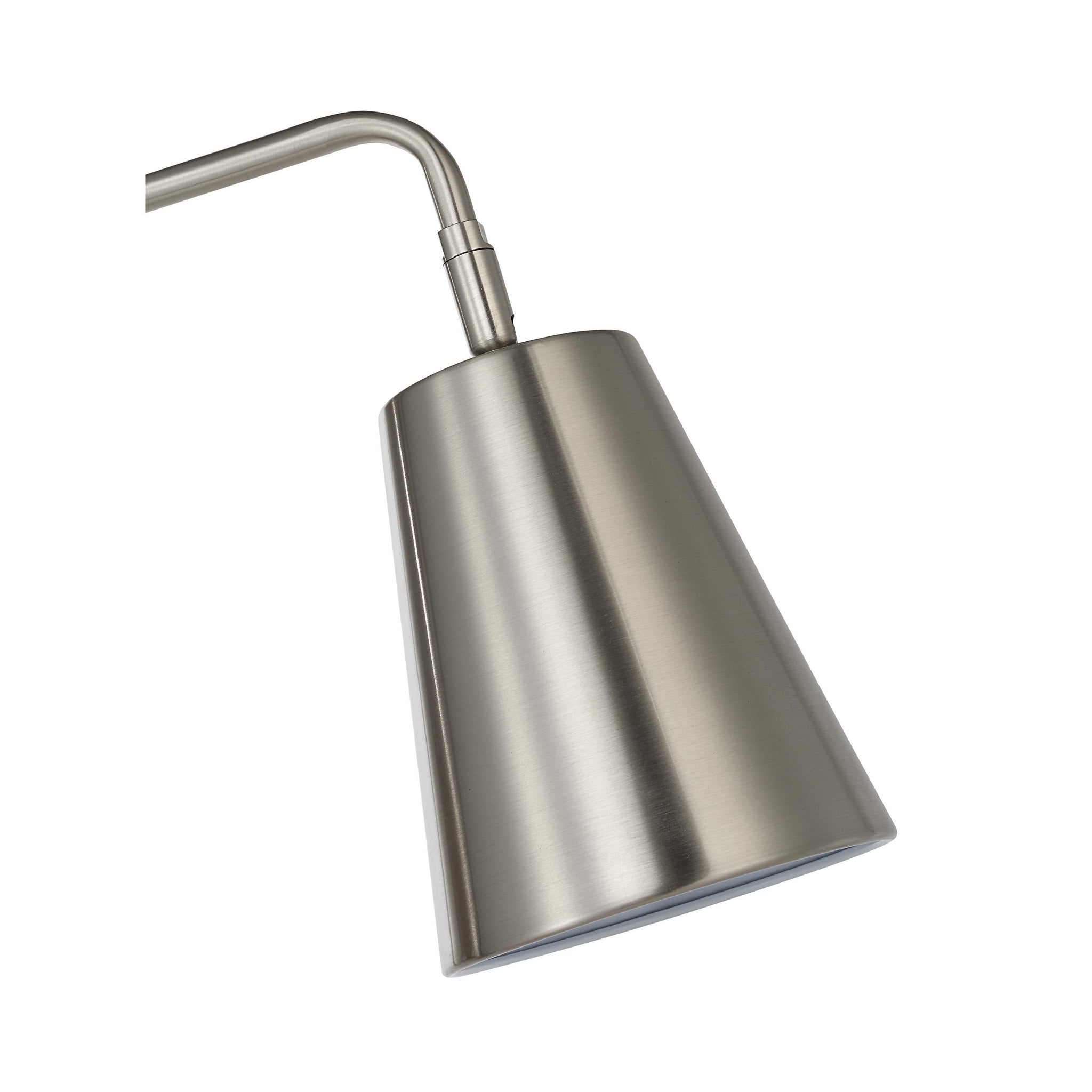 Close-up of Norwich floor lamp's brushed nickel conical shade and arm.
