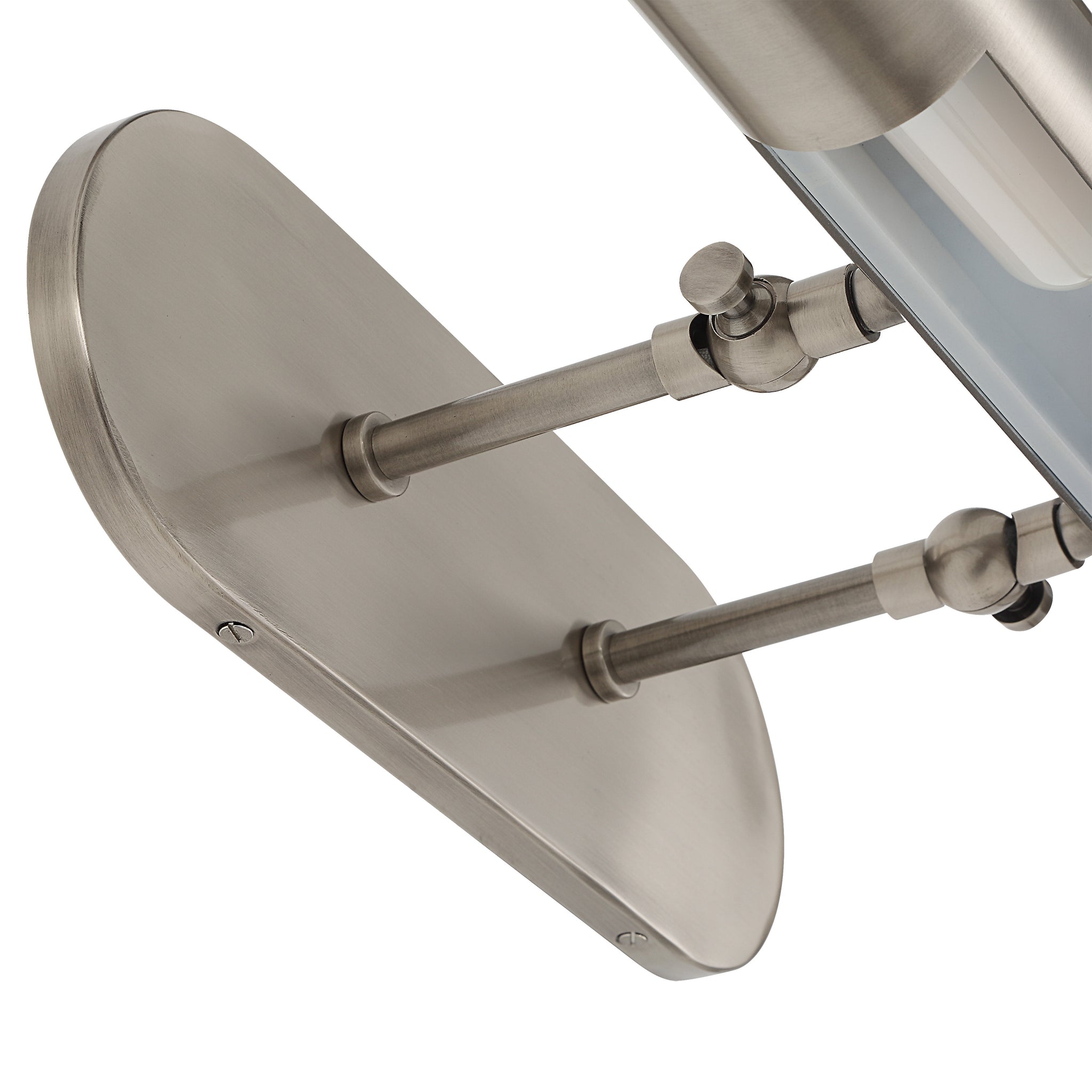 Close-up view of Rennes wall sconce's mounting plate and adjustable arm in brushed nickel.
