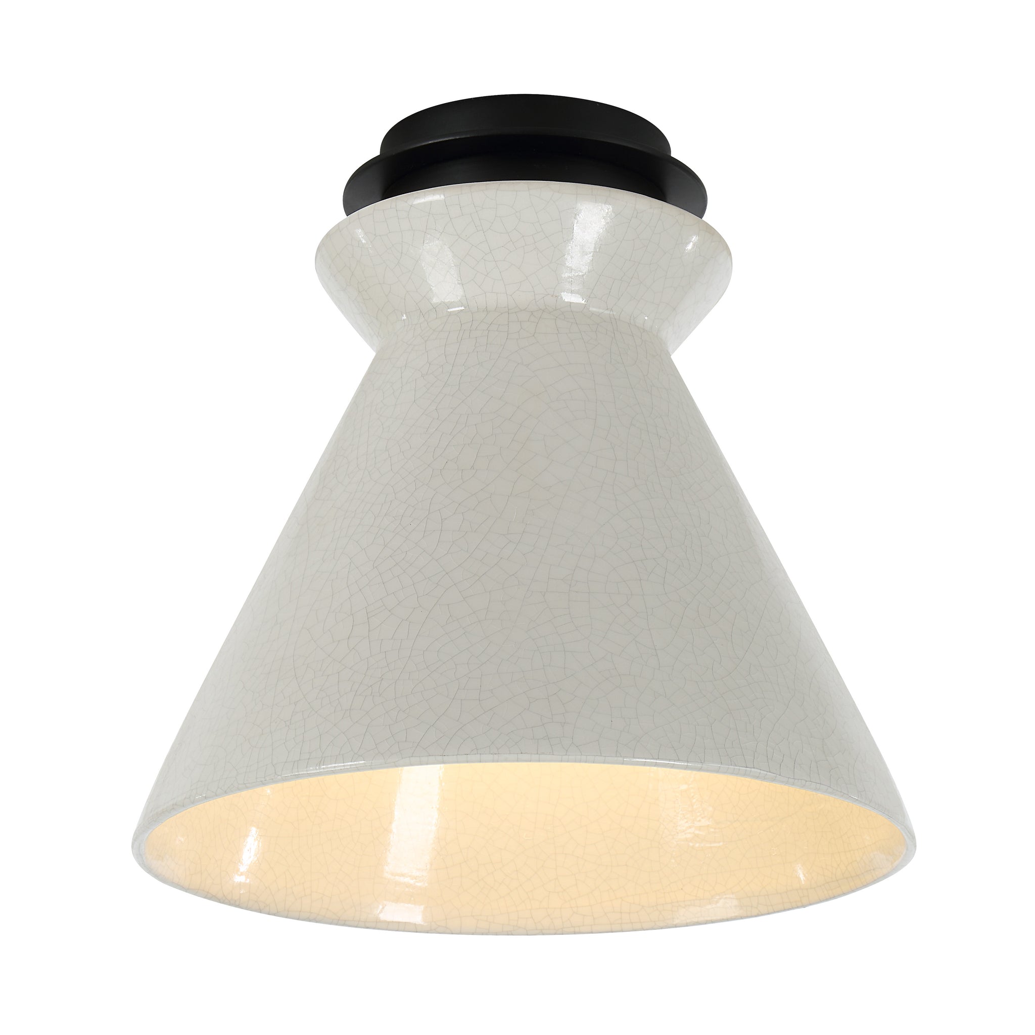 Sebastian Flush Mount light in white crackle finish, illuminated from below with a black base.