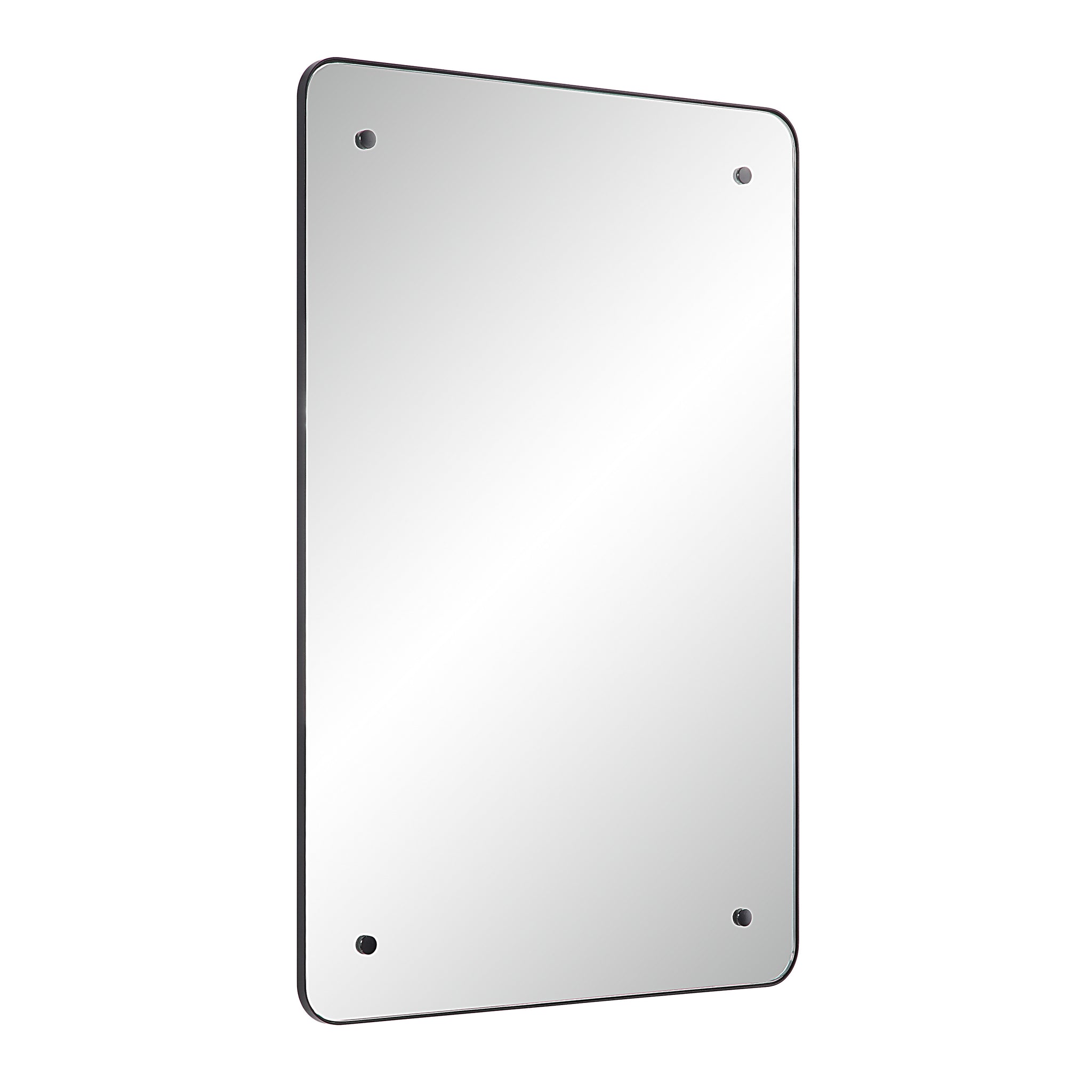 Aine Wall Mirror angled view showcasing its black border and reflective surface.