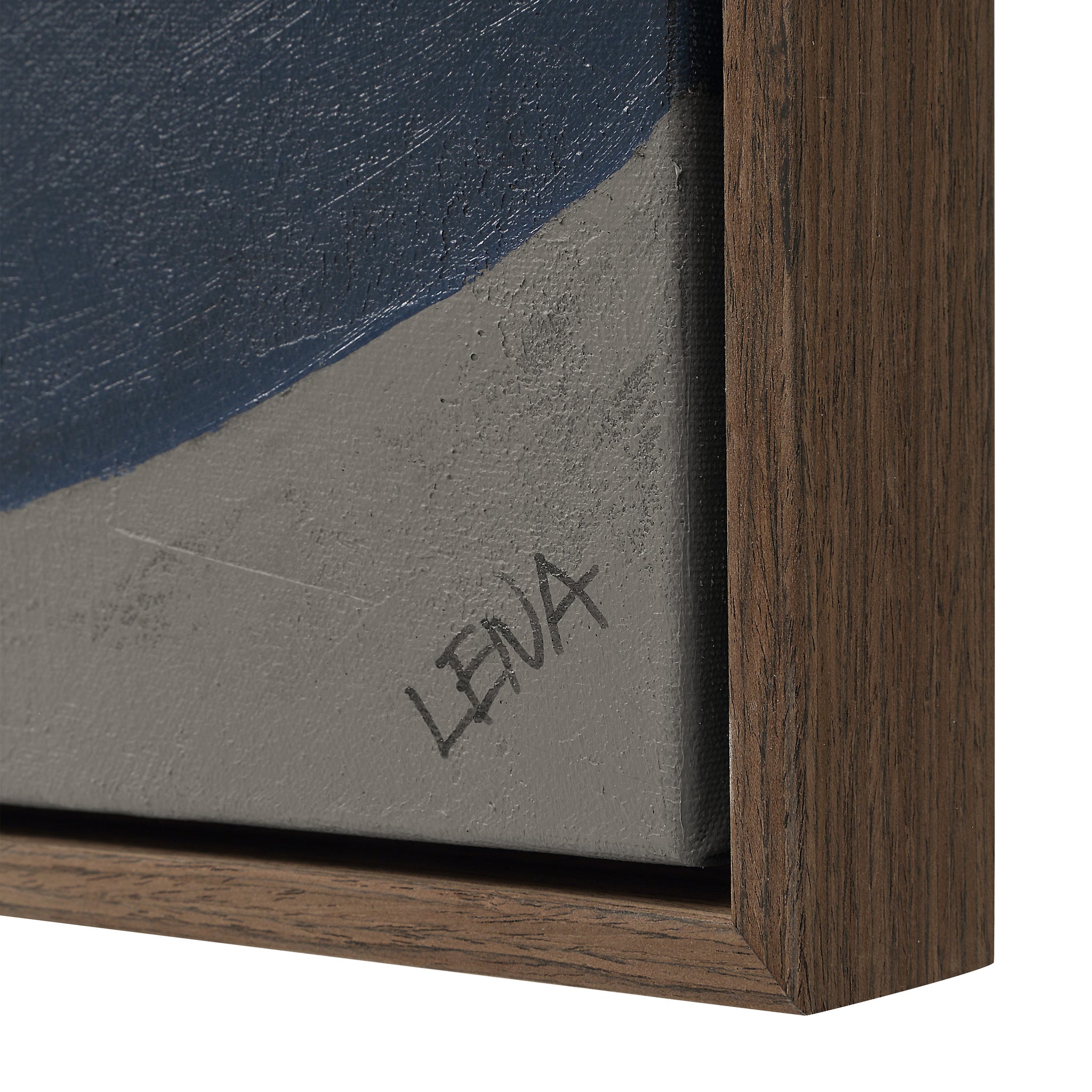 Close-up of Valerio canvas art showing textured navy and gray paint with signature detail.