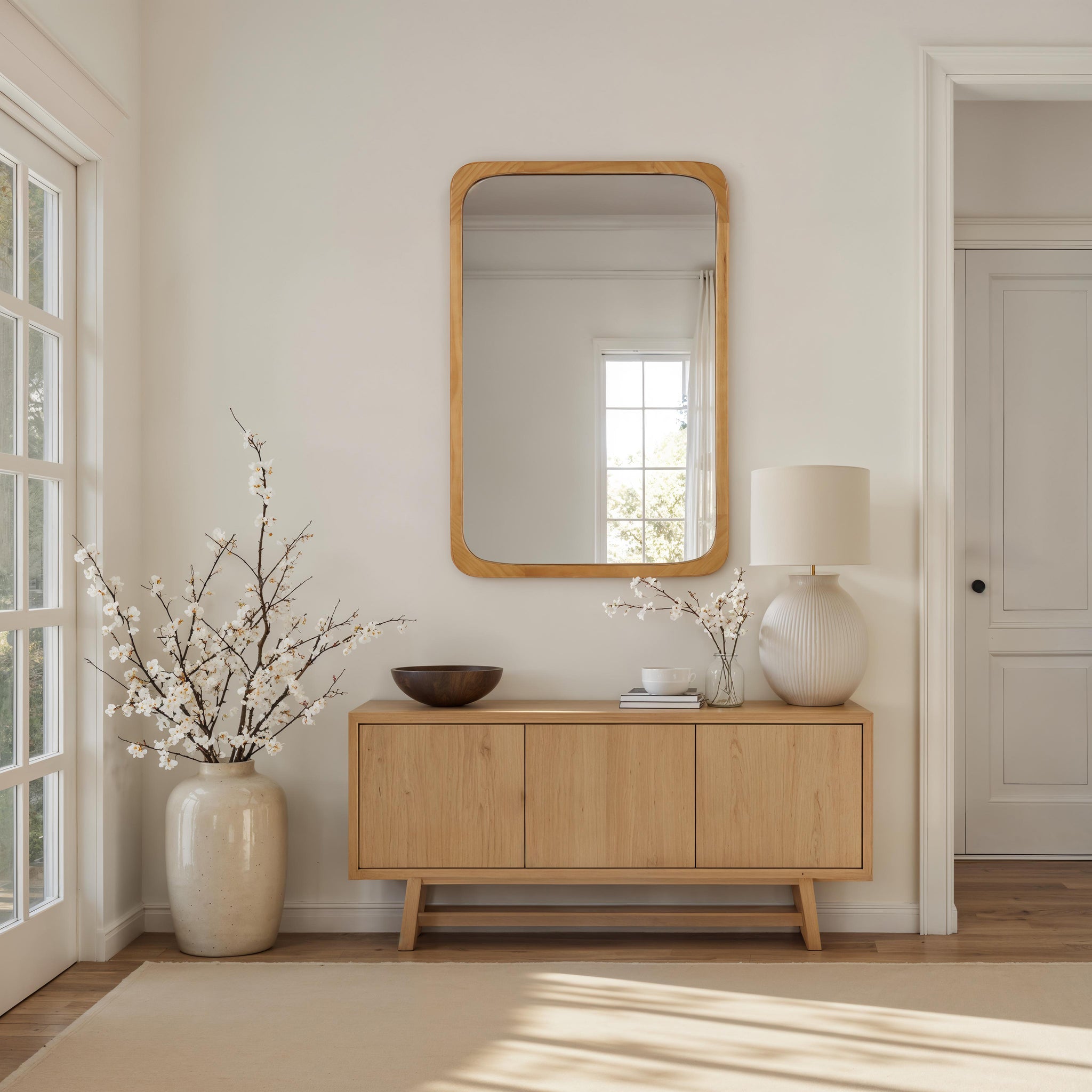 Scisto mirror with rounded wooden frame, reflecting a bright room with a console table and decorative vase.