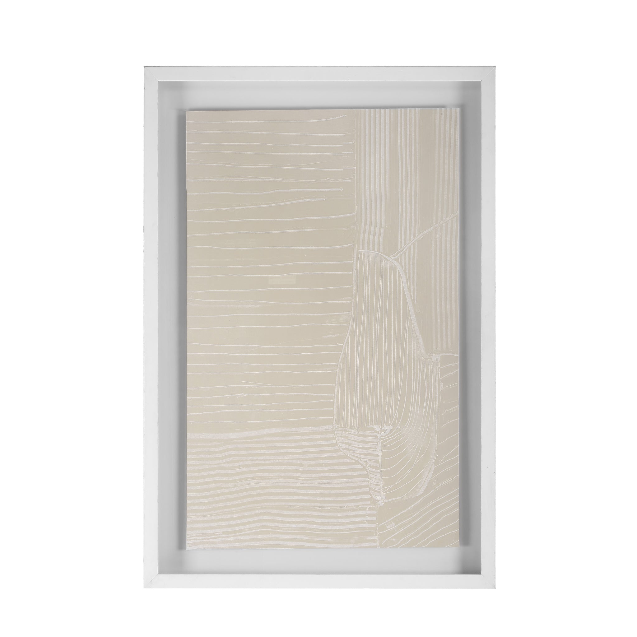 Marlon wall art featuring a beige design with white lines in a white frame.