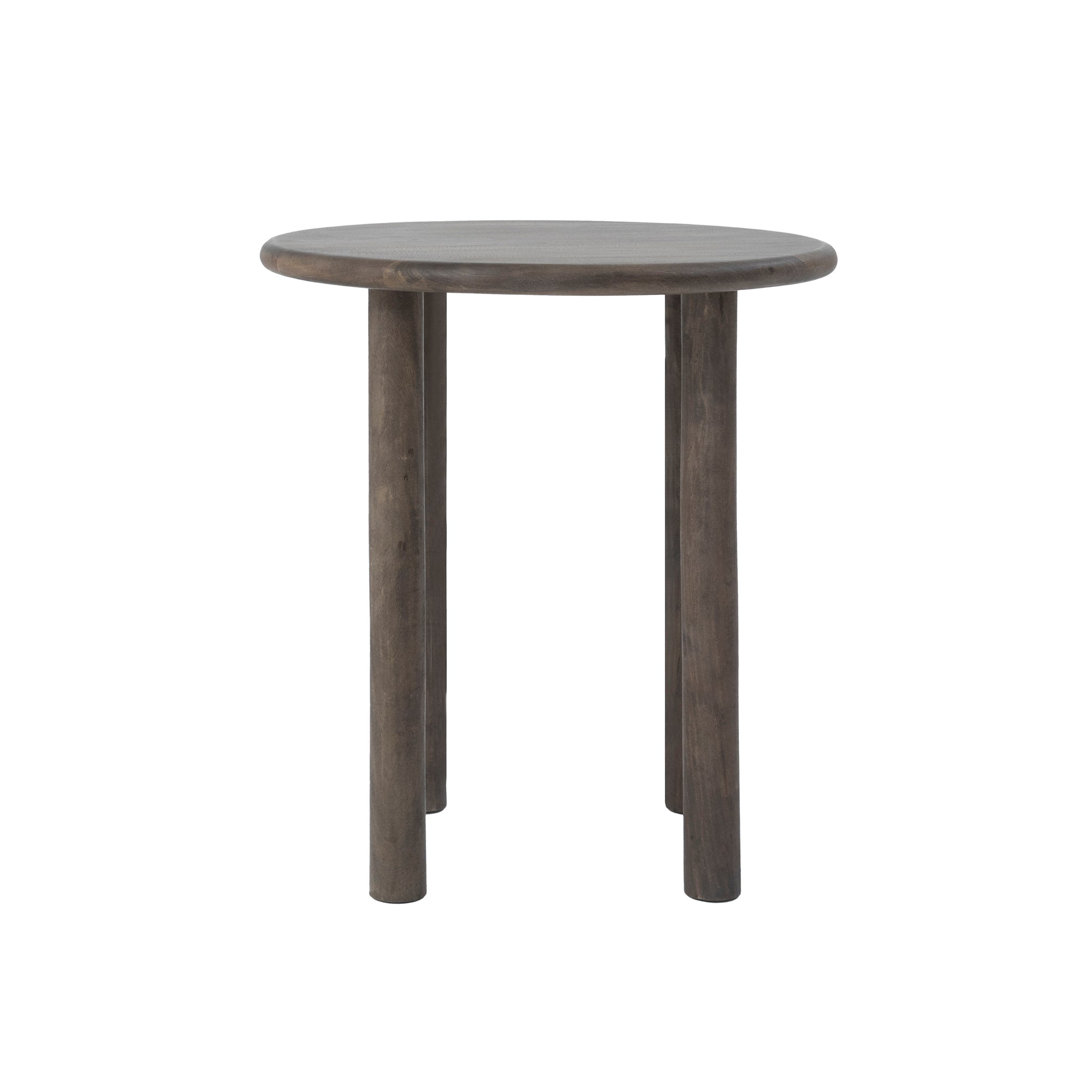 Cetus accent table featuring a round tabletop and sturdy cylindrical legs in a dark wood tone.