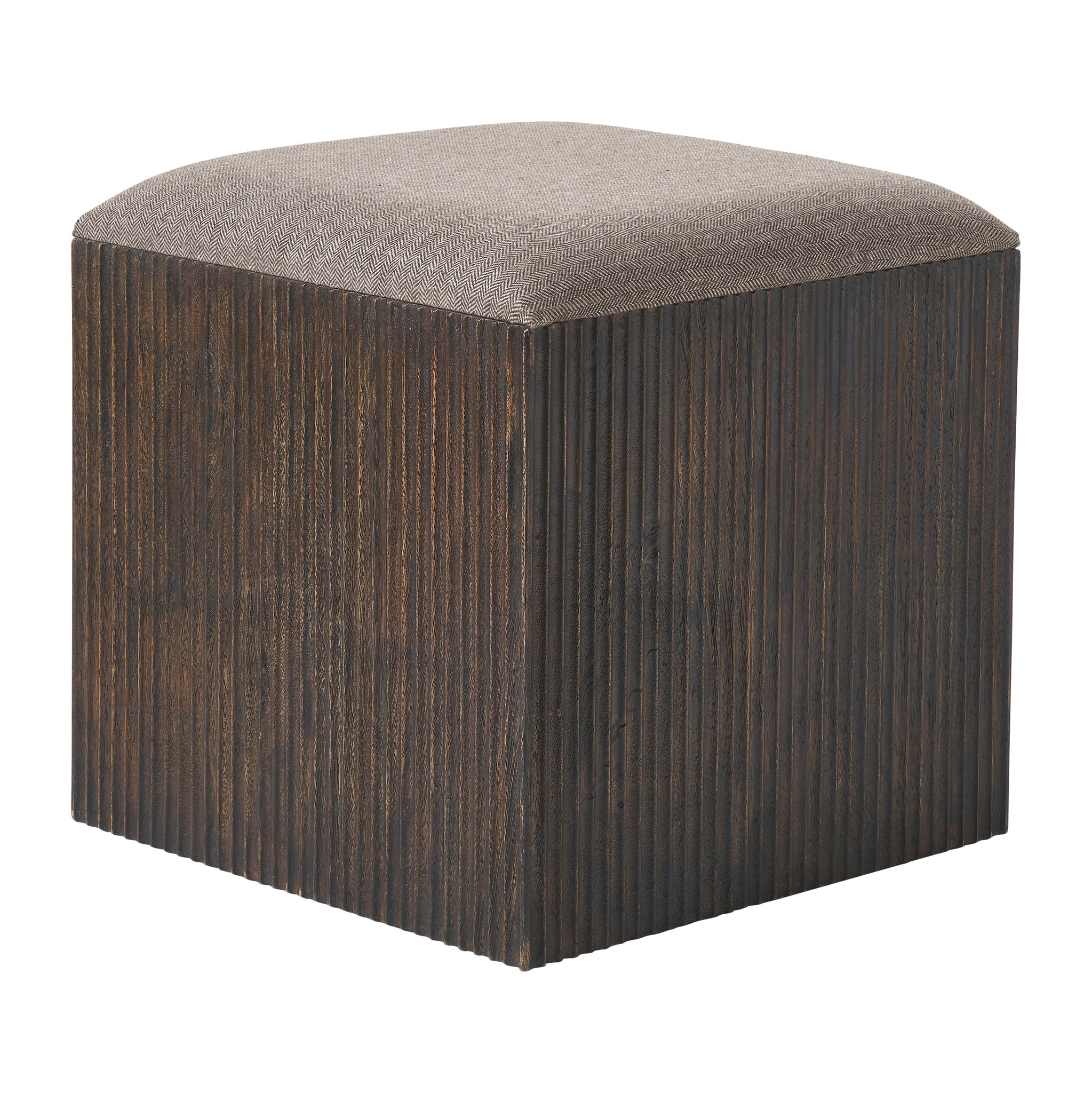 Tristan stool with a dark wood base and herringbone fabric top, angled view.