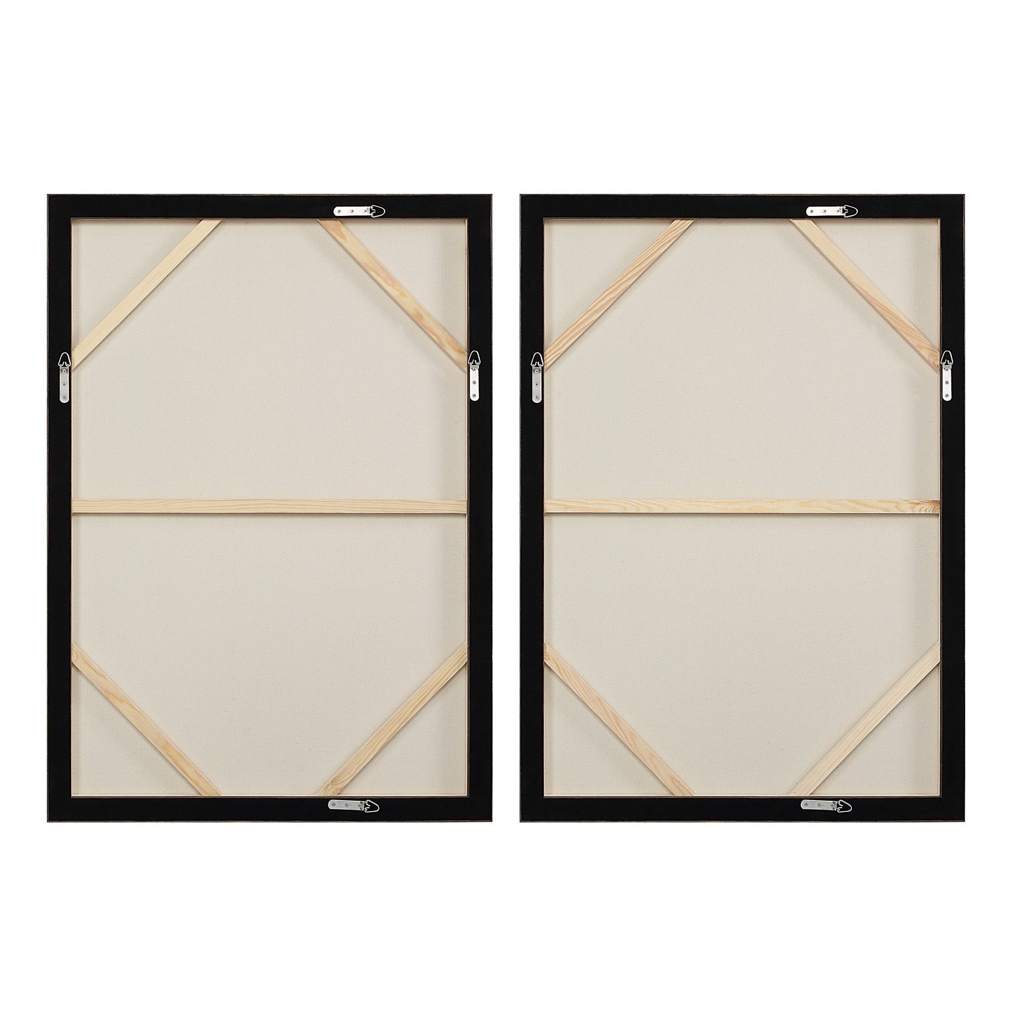 Back view of Caramelo wall art showing two black-framed canvases with wooden supports.