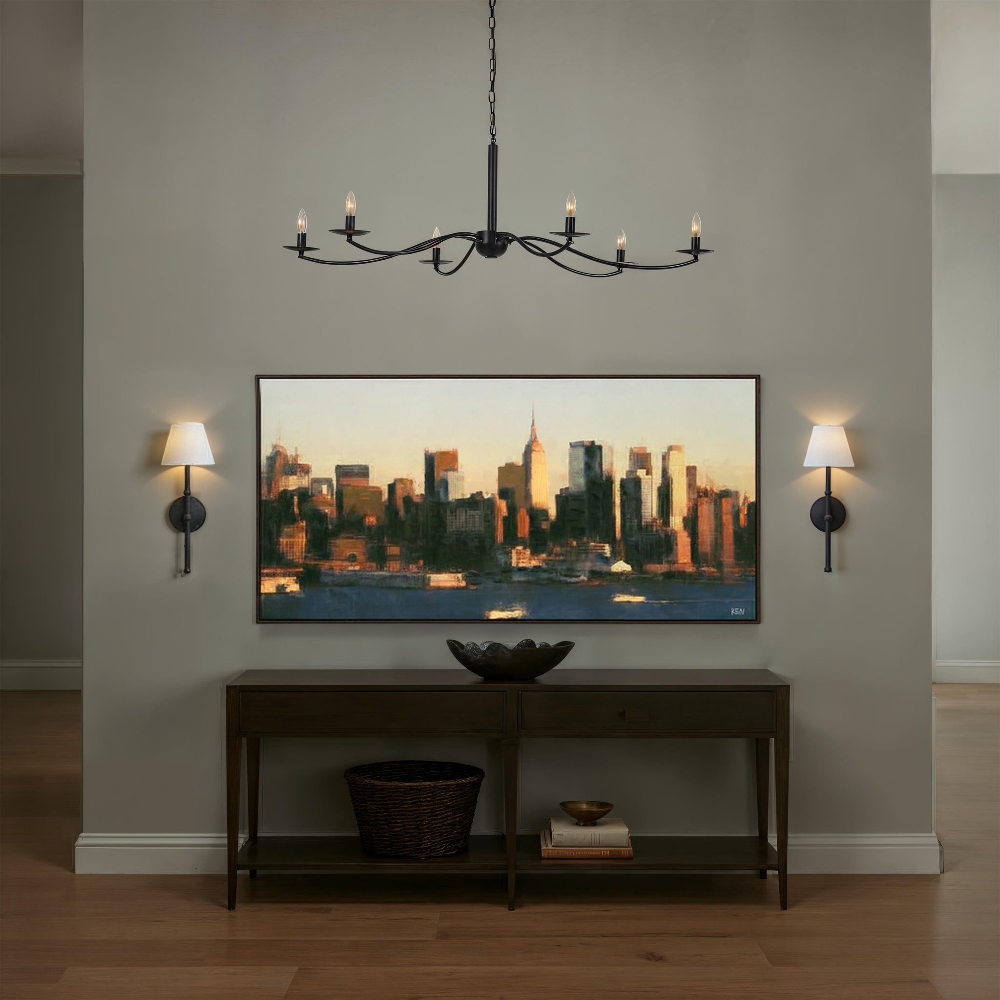 Panorama canvas art displayed in a stylish living room with a chandelier and wall sconces.