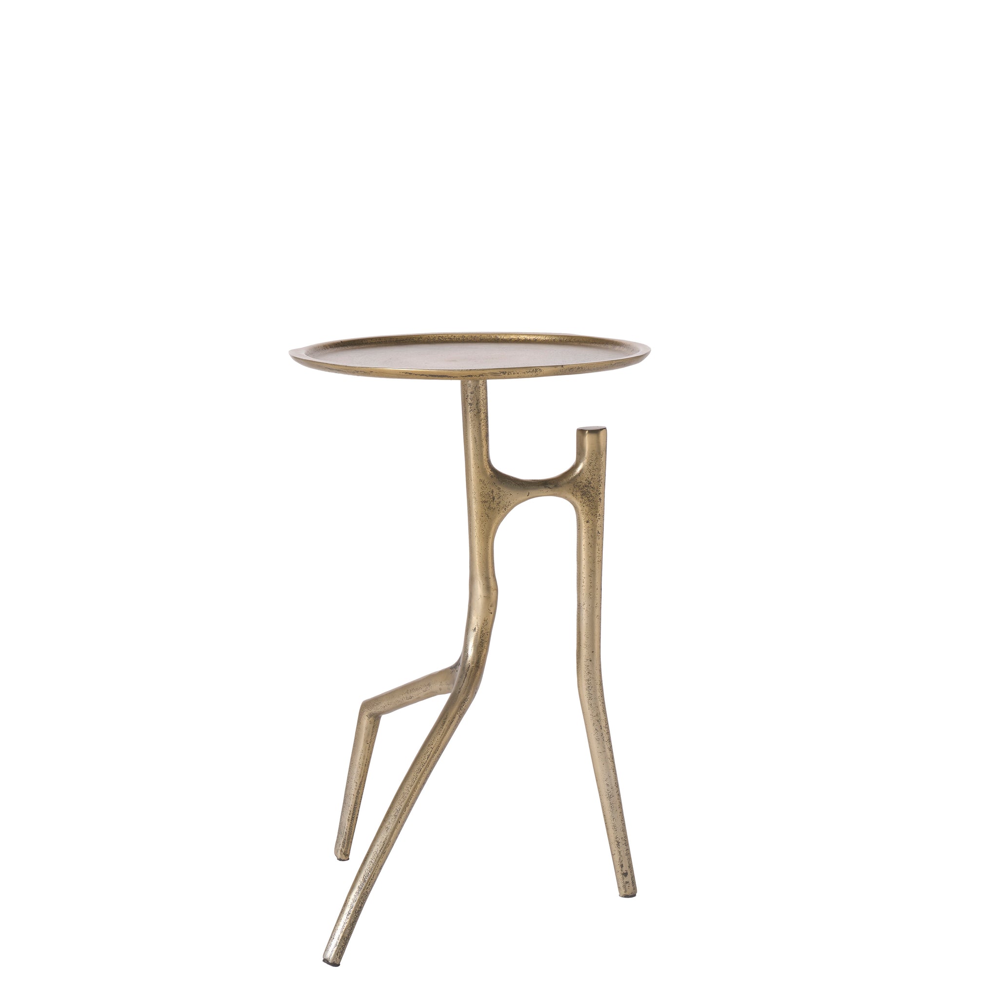 Tosca table by Renwil, showcasing a gold-finished round top and artistic leg structure.