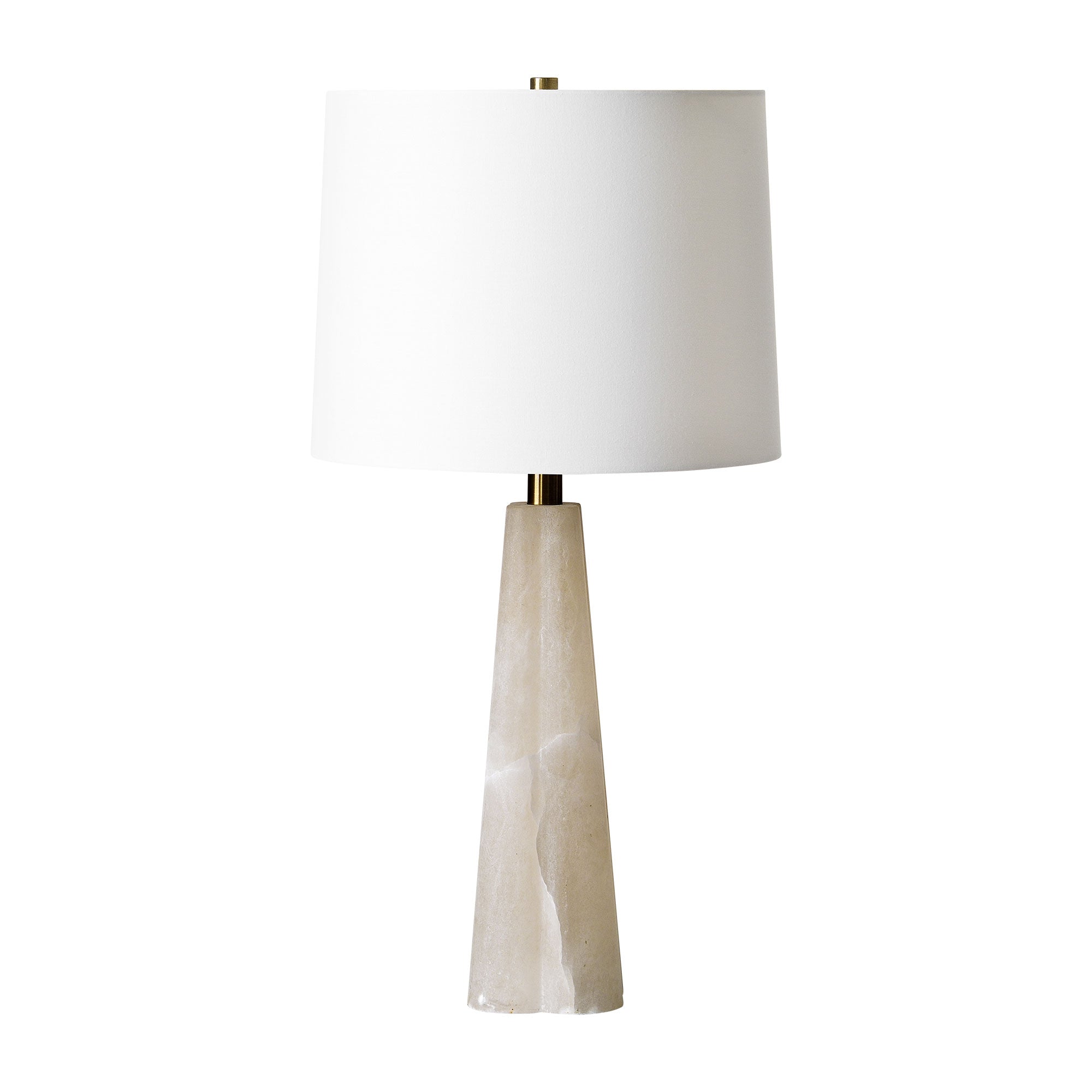 Rima Table Lamp with a white shade and a beige stone base, featuring a brass accent.