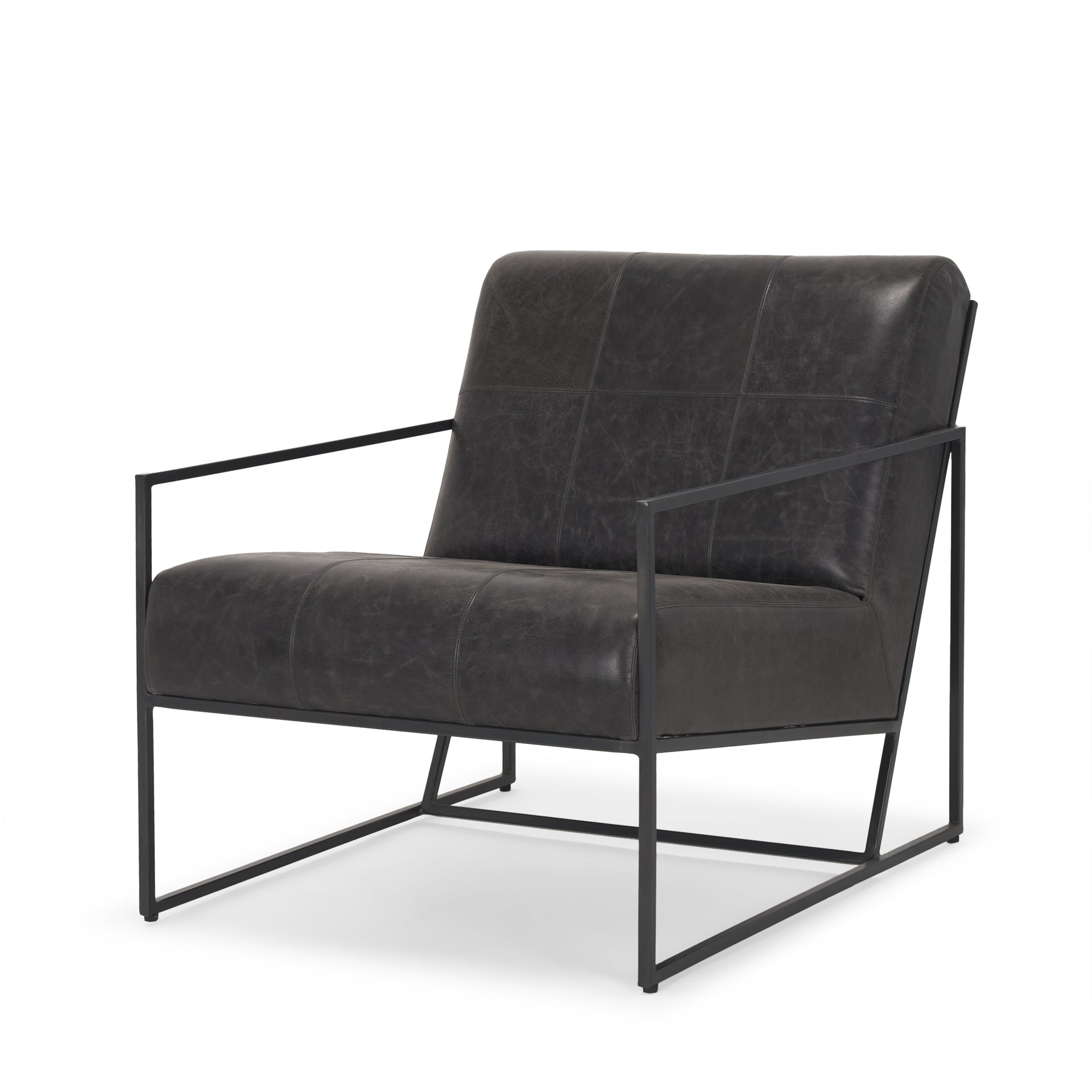 Stratton Gunmetal w/ Genuine Aged Black Leather Upholstered Accent Chair — a Mercana accent chair at Laurie Yapp Home.