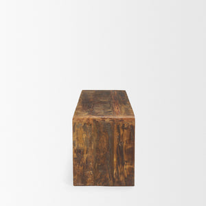 Estelle Rustic Brown Reclaimed Wood Bench shown from a different angle to reveal its silhouette.
