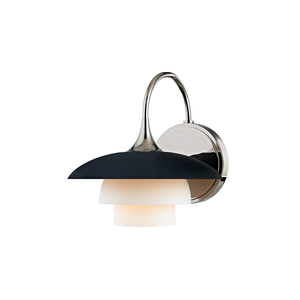 Barron wall sconce shown at an angle to reveal the shade shape and finished mounting plate.