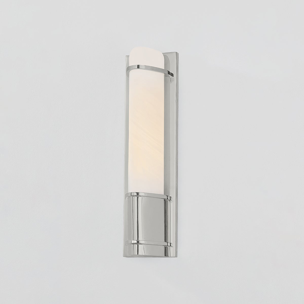 Close-up of the Tottenville Wall Sconce 4.25" x 16.25" in polished nickel showing the arm curve and shade silhouette.