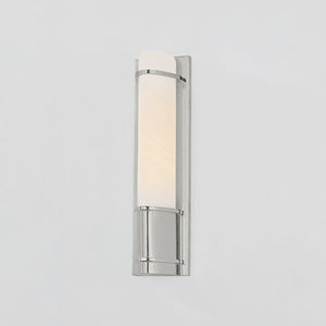 Close-up of the Tottenville Wall Sconce 4.25" x 16.25" in polished nickel showing the arm curve and shade silhouette.