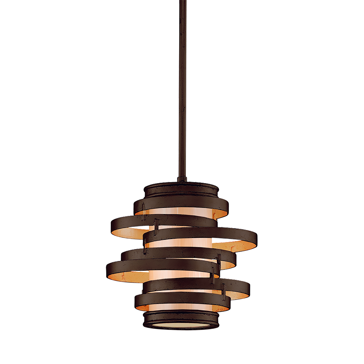 Vertigo Pendant 9.5" x 9.25" in Bronze Leaf and Gold Leaf — a Corbett pendant for kitchens, entries, and dining rooms at Laurie Yapp Home.