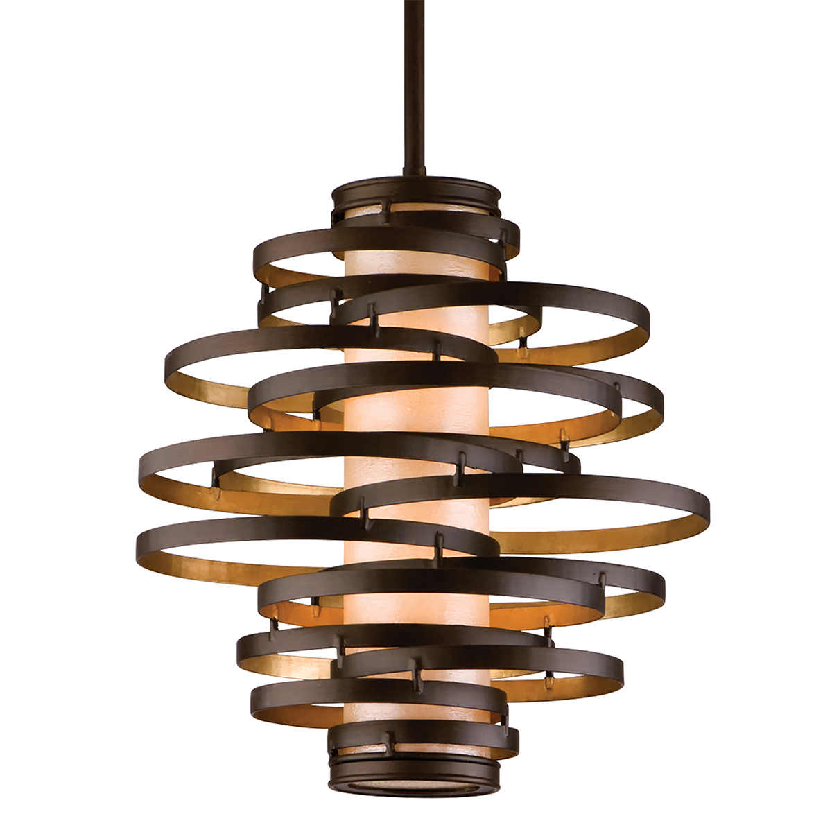 Vertigo Pendant 18" x 18.5" in Bronze Leaf and Gold Leaf — a Corbett pendant for kitchens, entries, and dining rooms at Laurie Yapp Home.