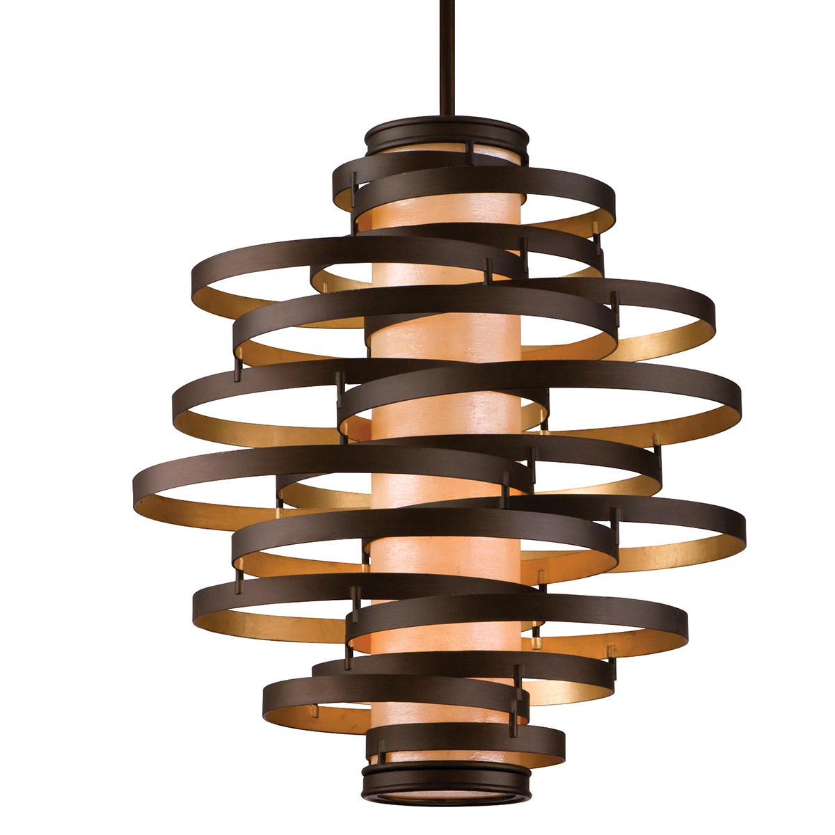 Vertigo Chandelier 30" x 32.75" in Bronze Leaf and Gold Leaf — a Corbett chandelier for dining rooms, entries, and living rooms at Laurie Yapp Home.