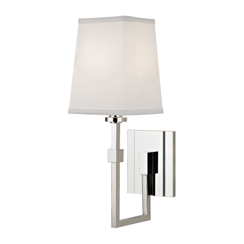 Fletcher Wall Sconce 5.25" in polished nickel shown from a second angle to highlight the arm curve and shade silhouette.