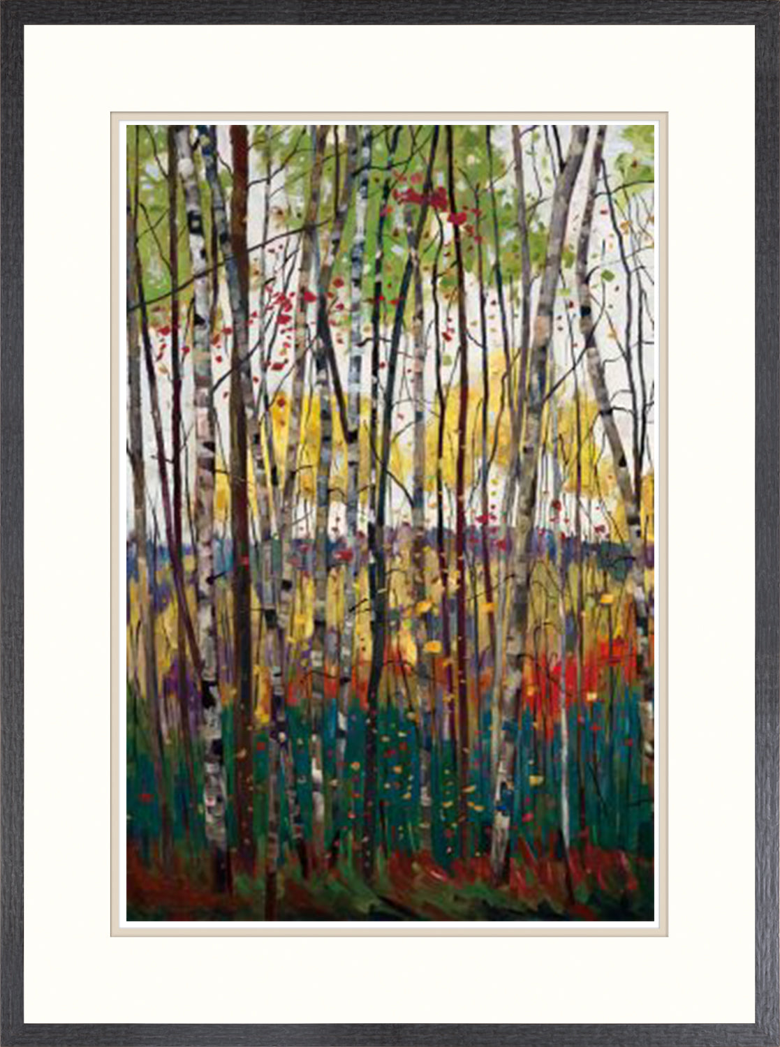Voile De Montogne wall art featuring colorful trees in green, yellow, and red hues