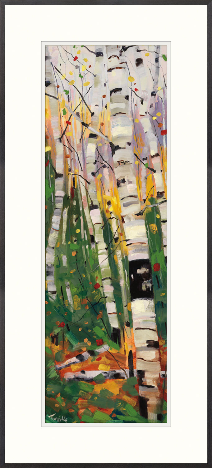 Tango wall art featuring vibrant birch trees with colorful foliage in a painterly style.