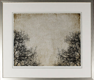 Through The Trees I wall art featuring dark tree silhouettes against a textured beige background