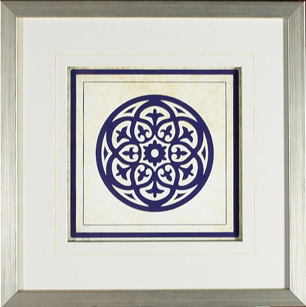 Baroque Rosetta #1 wall art featuring a circular blue design on a textured background, framed in silver.