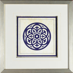 Baroque Rosetta #1 wall art featuring a circular blue design on a textured background, framed in silver.