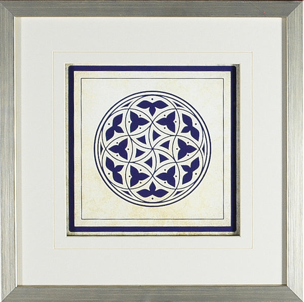 Baroque Rosetta #2 wall art featuring a circular blue and white geometric pattern in a silver frame