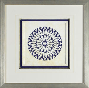 Baroque Rosetta #5 wall art featuring a circular blue and white floral design in a silver frame.