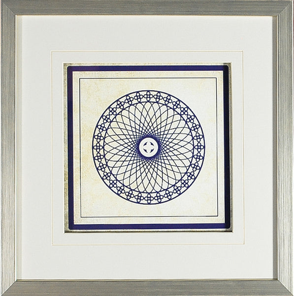 Baroque Rosetta #9 wall art featuring intricate blue geometric design on textured background.