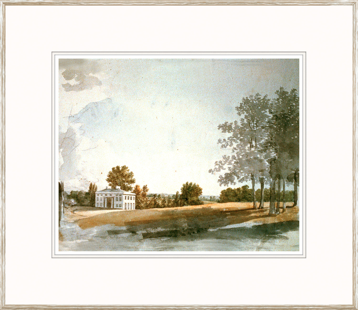 Country House wall art featuring a serene landscape with a house and trees, soft watercolor style.