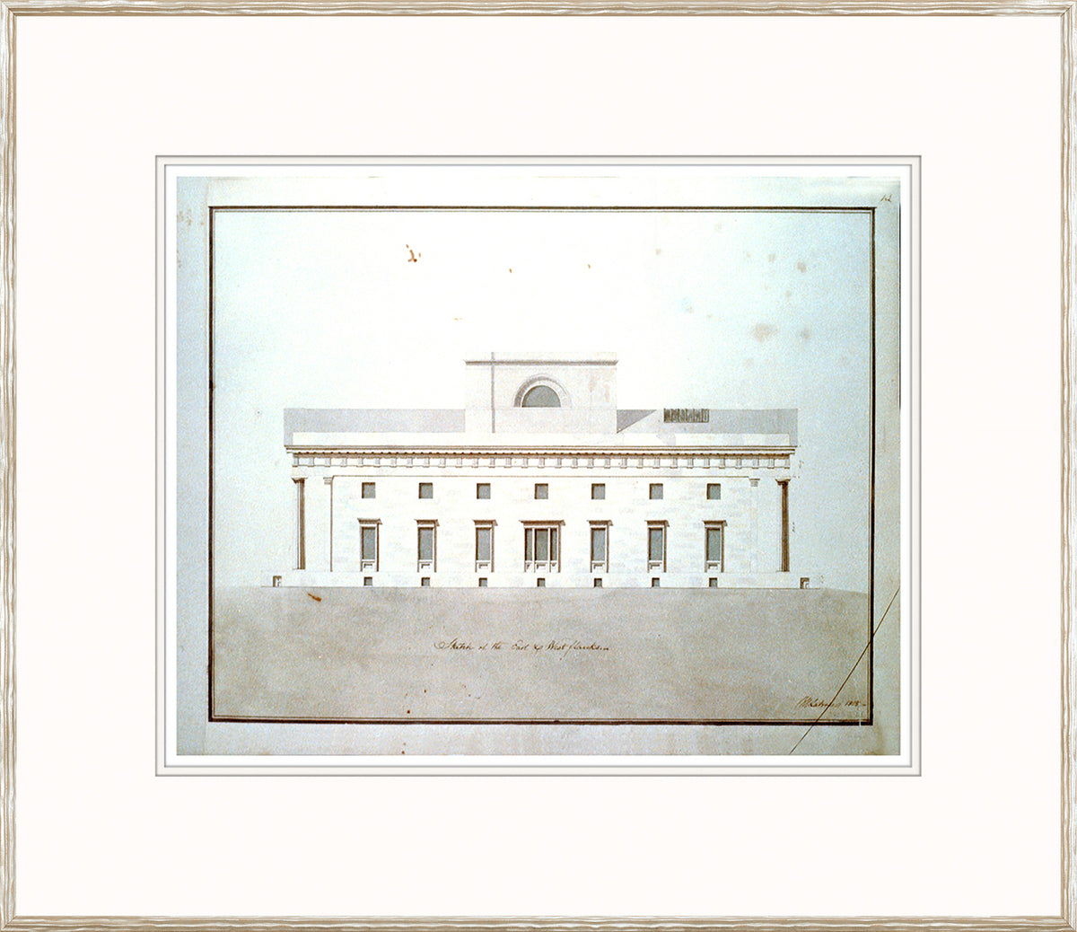 Plans – Bank Building wall art featuring a detailed architectural drawing in soft colors.
