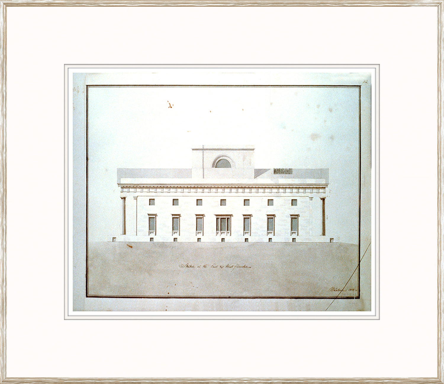 Plans – Bank Building wall art featuring a detailed architectural drawing in soft colors.