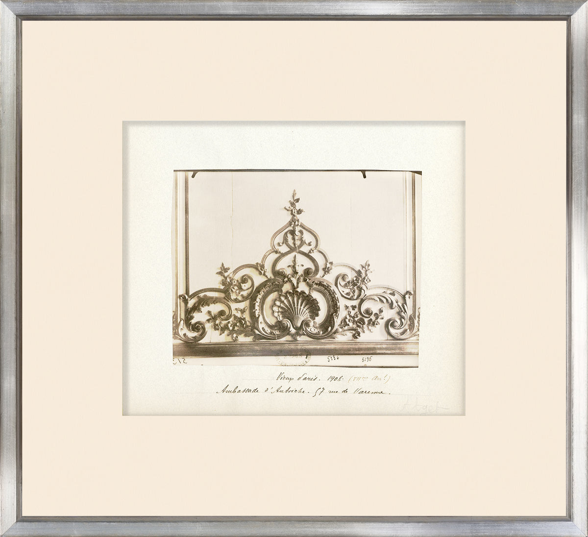 Rue De Paris – Varenne Detail #2 wall art featuring intricate metalwork design in a silver frame.