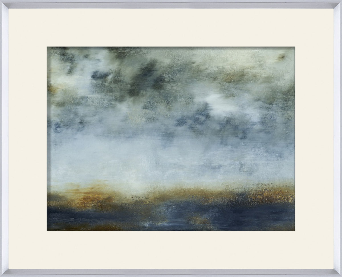 Water I wall art featuring abstract blue and gold tones in a silver frame